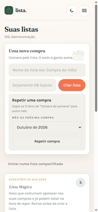 Tela de listas com criação de compra e sugestões de reposição